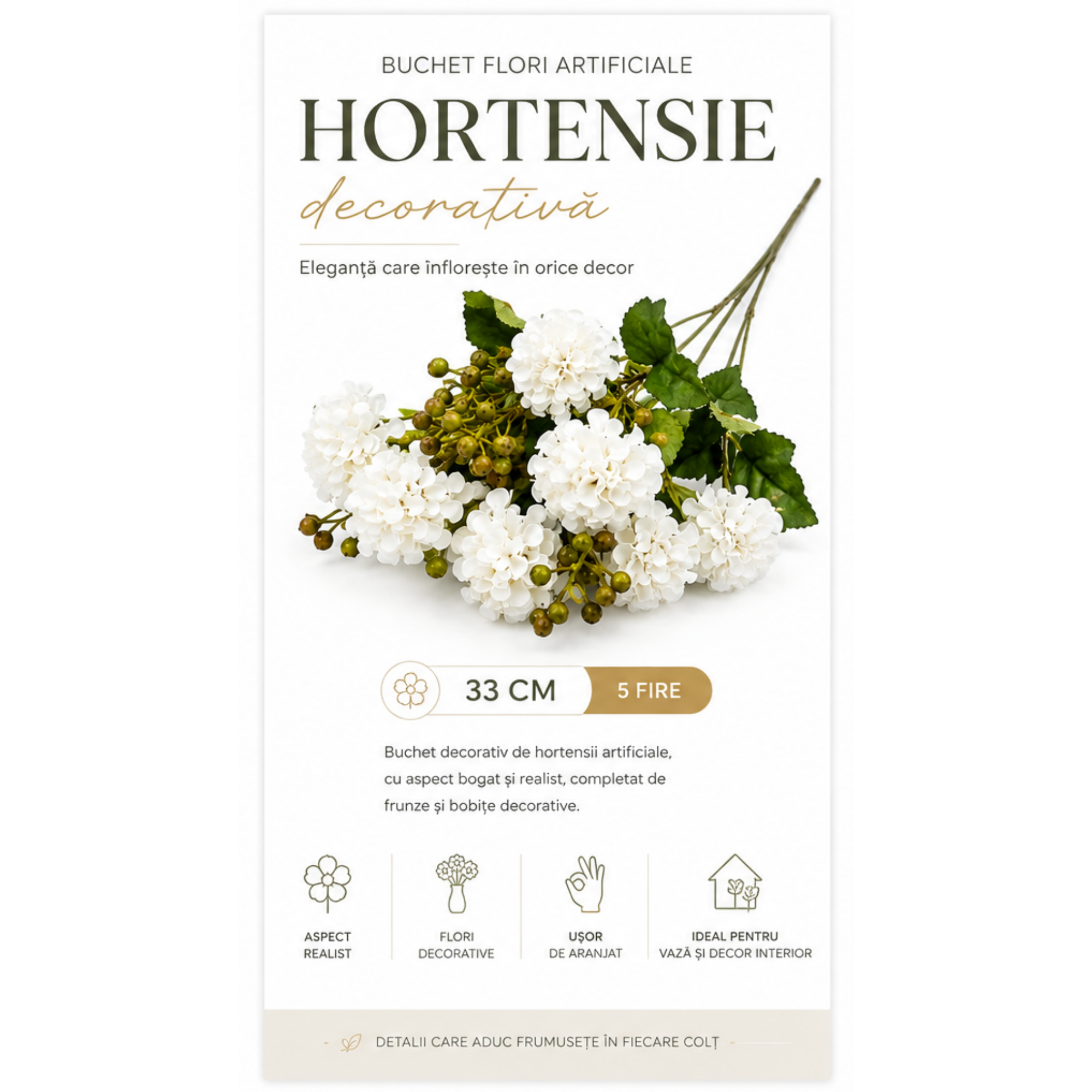Buchet Flori Artificiale Hortensie Decorativă, 5 Fire, 33 cm – Aspect Realist