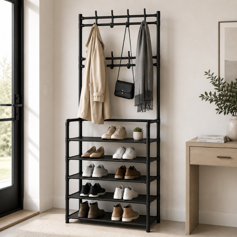 Cuier Metalic cu Pantofar din Material Textil Nețesut (Non-Woven), 5 Rafturi, 8 Cârlige, Negru, 80 x 28 x 171 cm