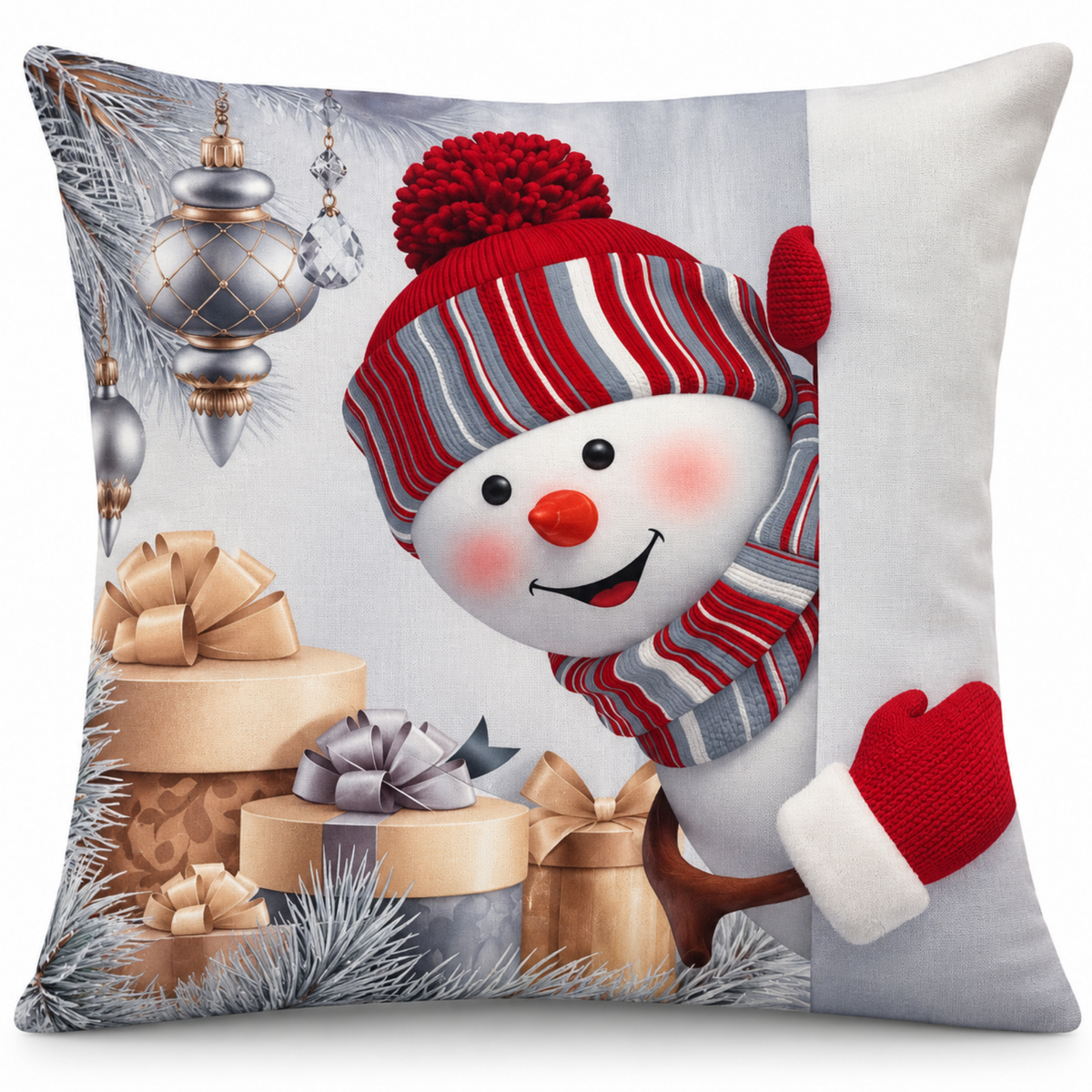 Perna decorativa de Craciun 45x45 cm, material catifelat, modele festive cu Om de Zapada, multicolor