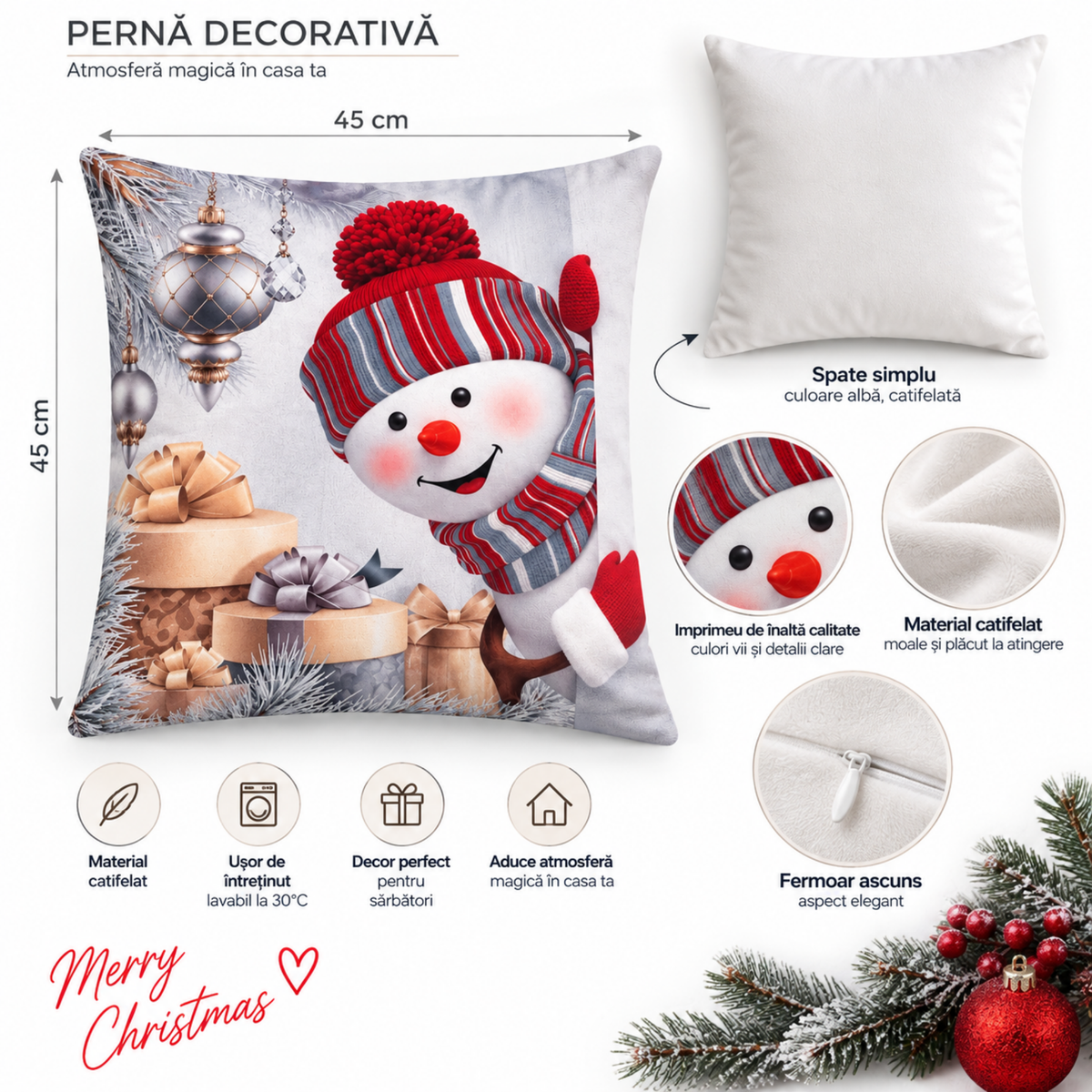 Perna decorativa de Craciun 45x45 cm, material catifelat, modele festive cu Om de Zapada, multicolor
