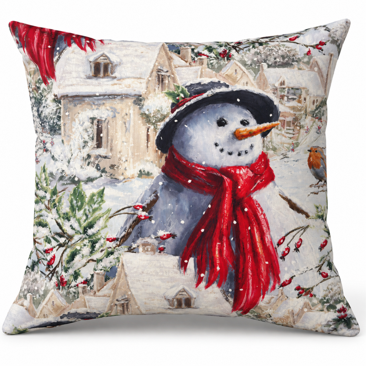 Perna decorativa de Craciun 45x45 cm, material catifelat, modele festive cu Om de Zapada, multicolor