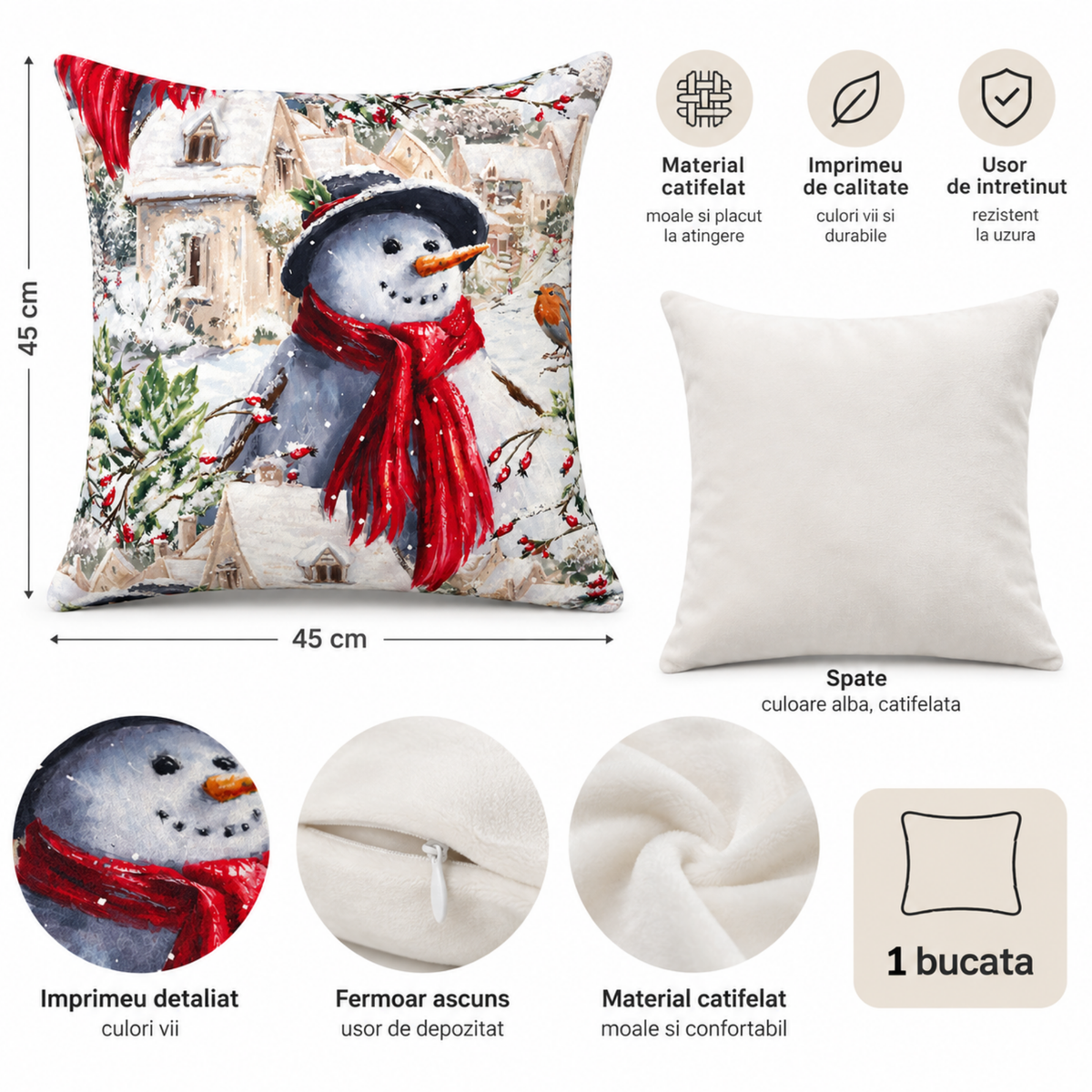 Perna decorativa de Craciun 45x45 cm, material catifelat, modele festive cu Om de Zapada, multicolor