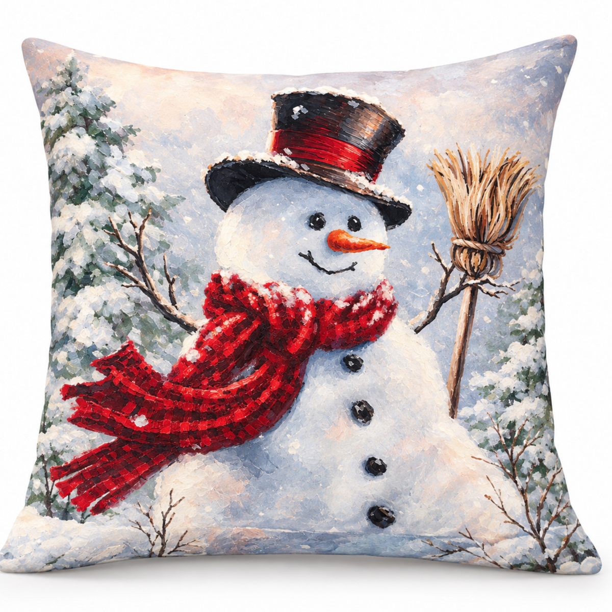 Perna decorativa de Craciun 45x45 cm, material catifelat, modele festive cu Om de Zapada, multicolor