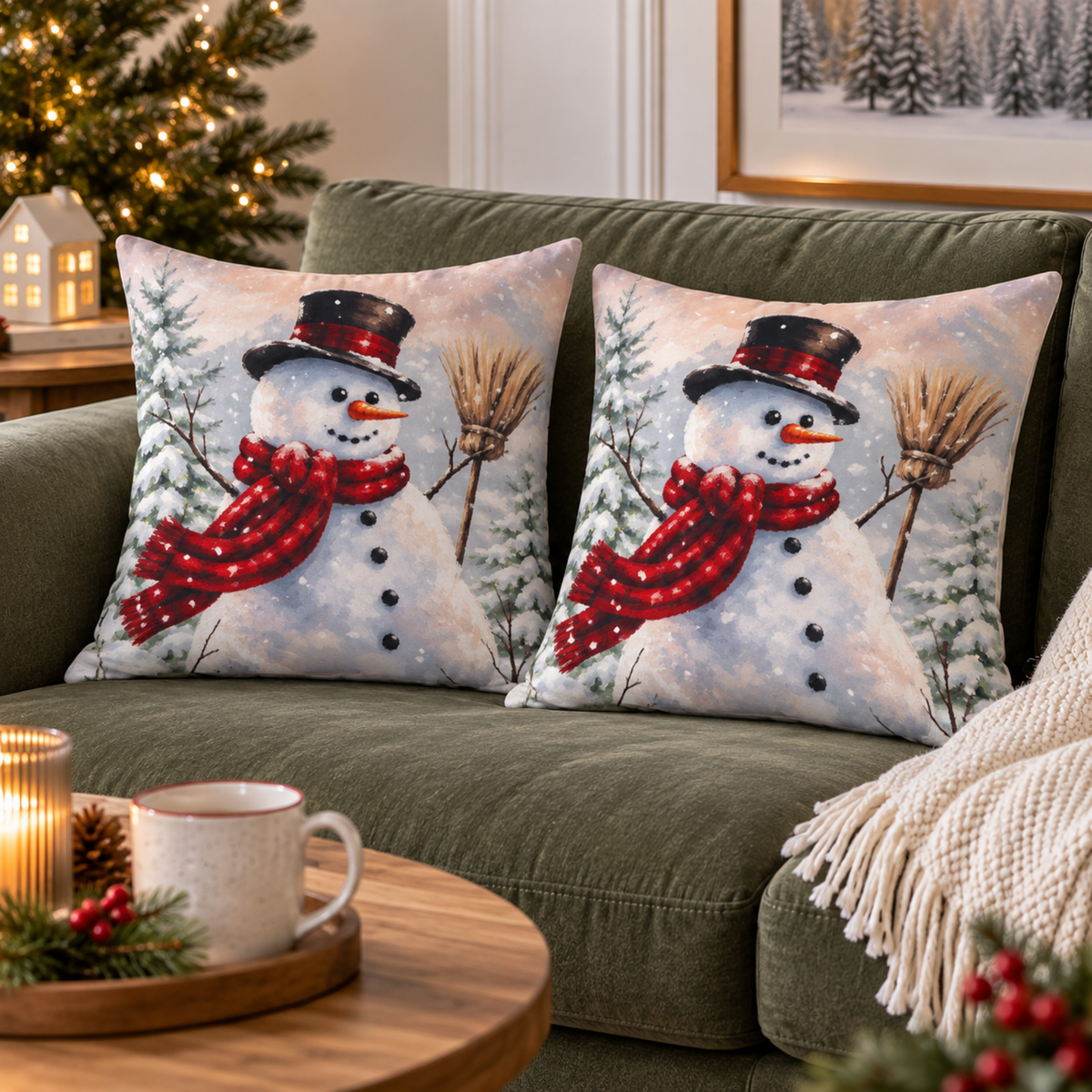 Perna decorativa de Craciun 45x45 cm, material catifelat, modele festive cu Om de Zapada, multicolor