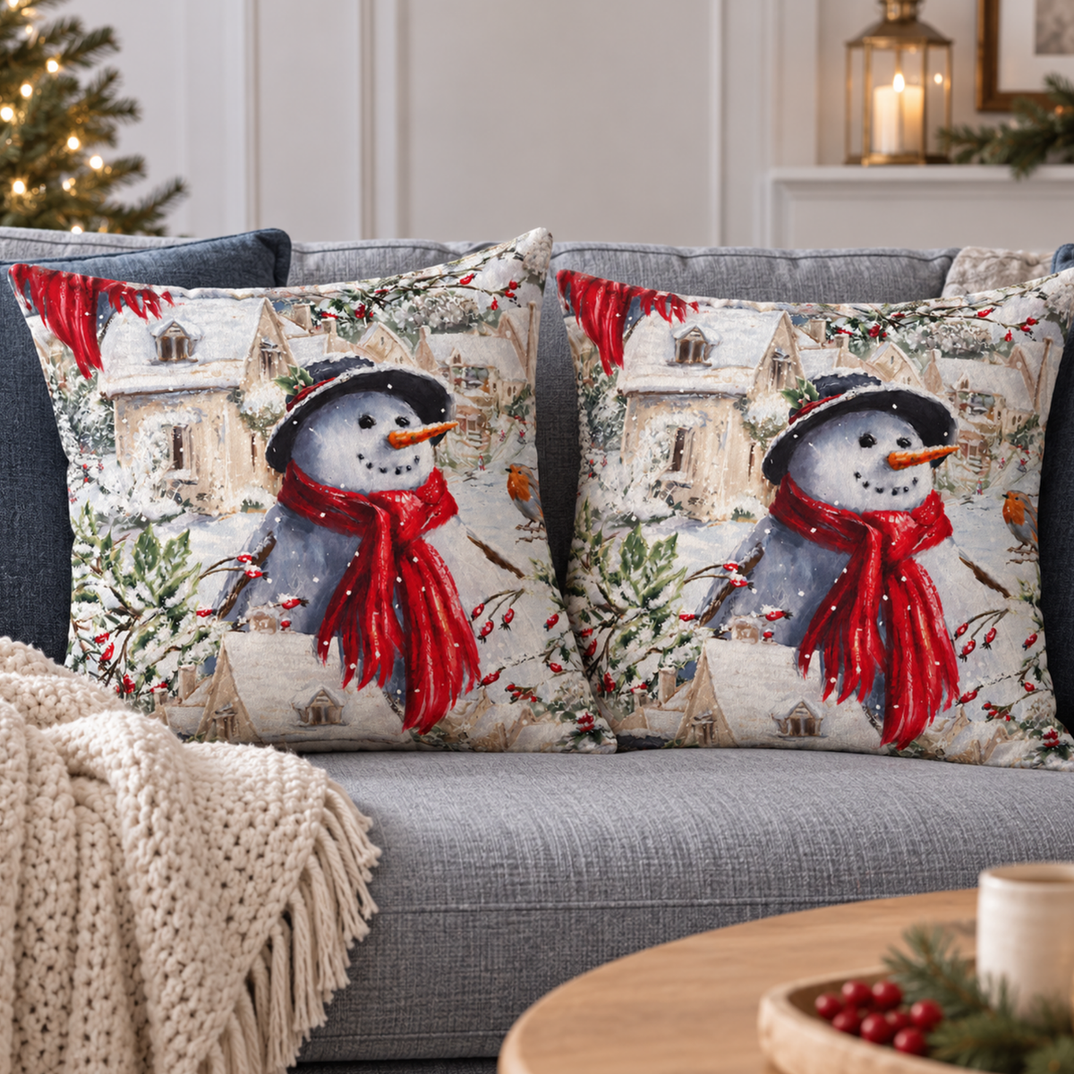 Perna decorativa de Craciun 45x45 cm, material catifelat, modele festive cu Om de Zapada, multicolor