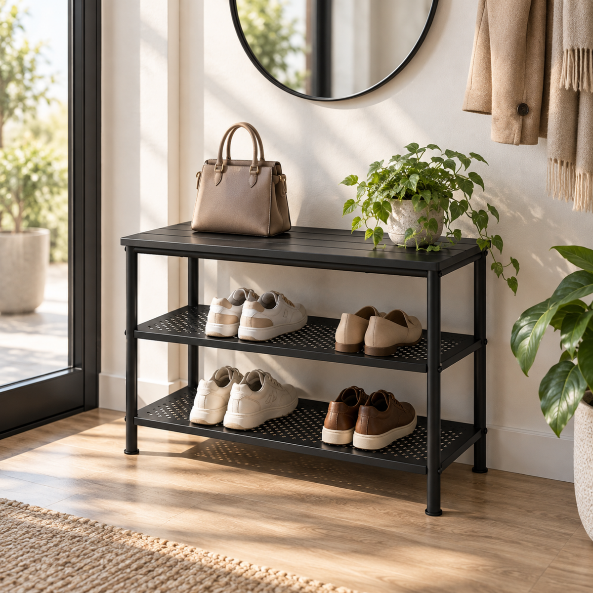 Banca pantofi metalica premium, Blat din Lemn, Ultra rezistenta, 79x35x52 cm, Negru - Calitate premium