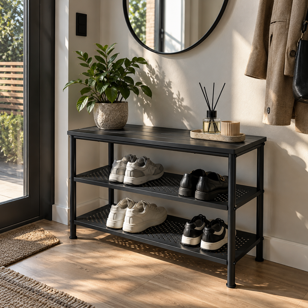 Banca pantofi metalica premium, Blat din Lemn, Ultra rezistenta, 79x35x52 cm, Negru - Calitate premium