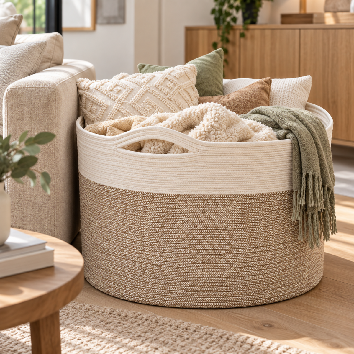 Cos XXXL pentru Rufe si Depozitare, 90 L, 56 x 32 cm, Manere, pentru Haine, Jucarii si Paturi, Alb/Bej Deschis