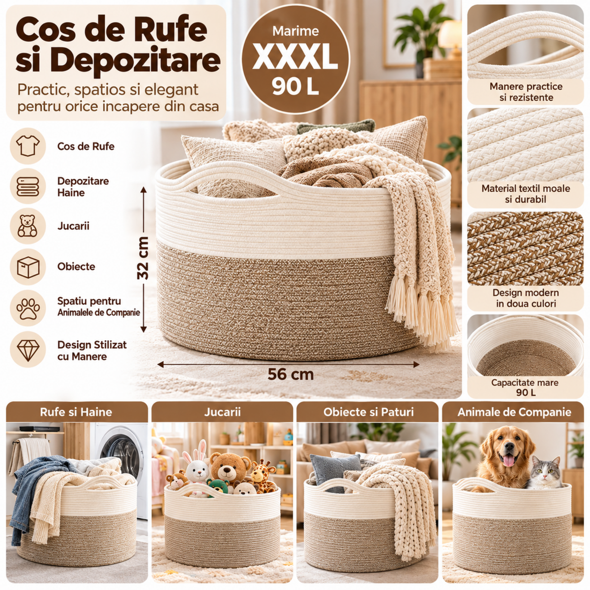 Cos XXXL pentru Rufe si Depozitare, 90 L, 56 x 32 cm, Manere, pentru Haine, Jucarii si Paturi, Alb/Bej Deschis