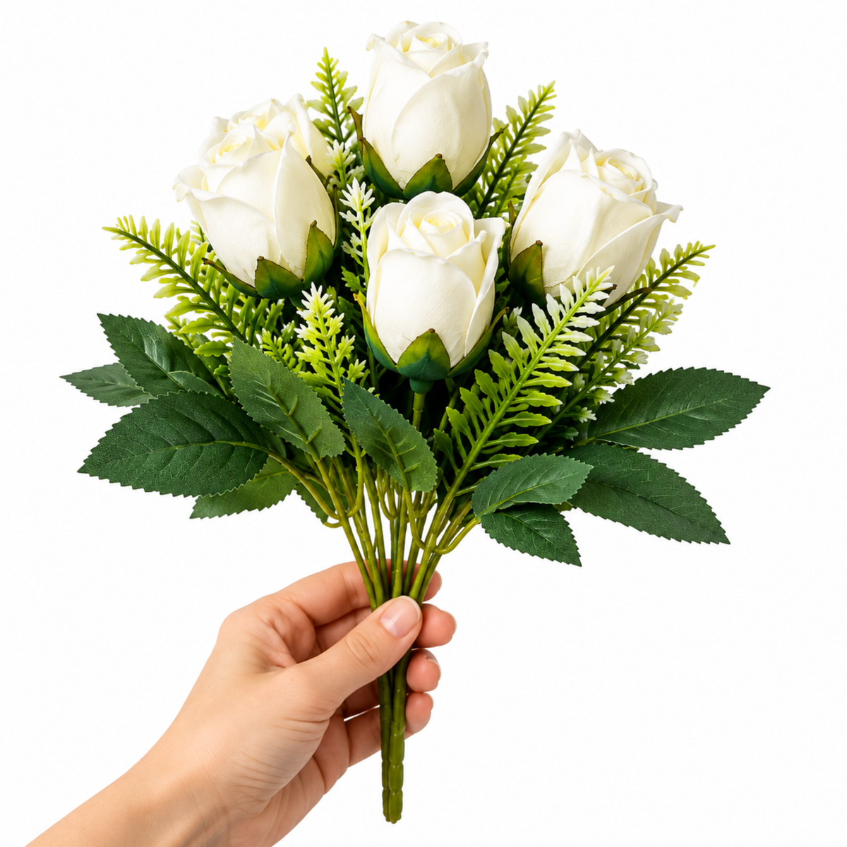 Buchet Trandafiri Artificiali Decorativi, 34 cm, Tije Ajustabile, Frunzis Verde, 5 Flori