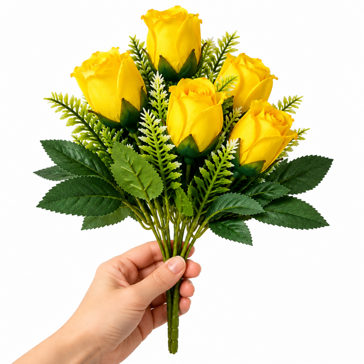 Buchet Trandafiri Artificiali Decorativi, 34 cm, Tije Ajustabile, Frunzis Verde, 5 Flori