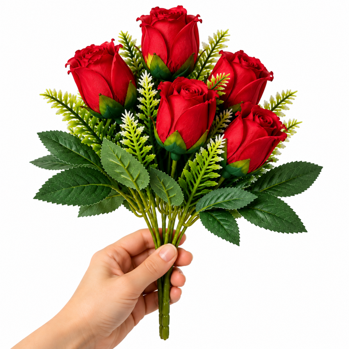 Buchet Trandafiri Artificiali Decorativi, 34 cm, Tije Ajustabile, Frunzis Verde, 5 Flori