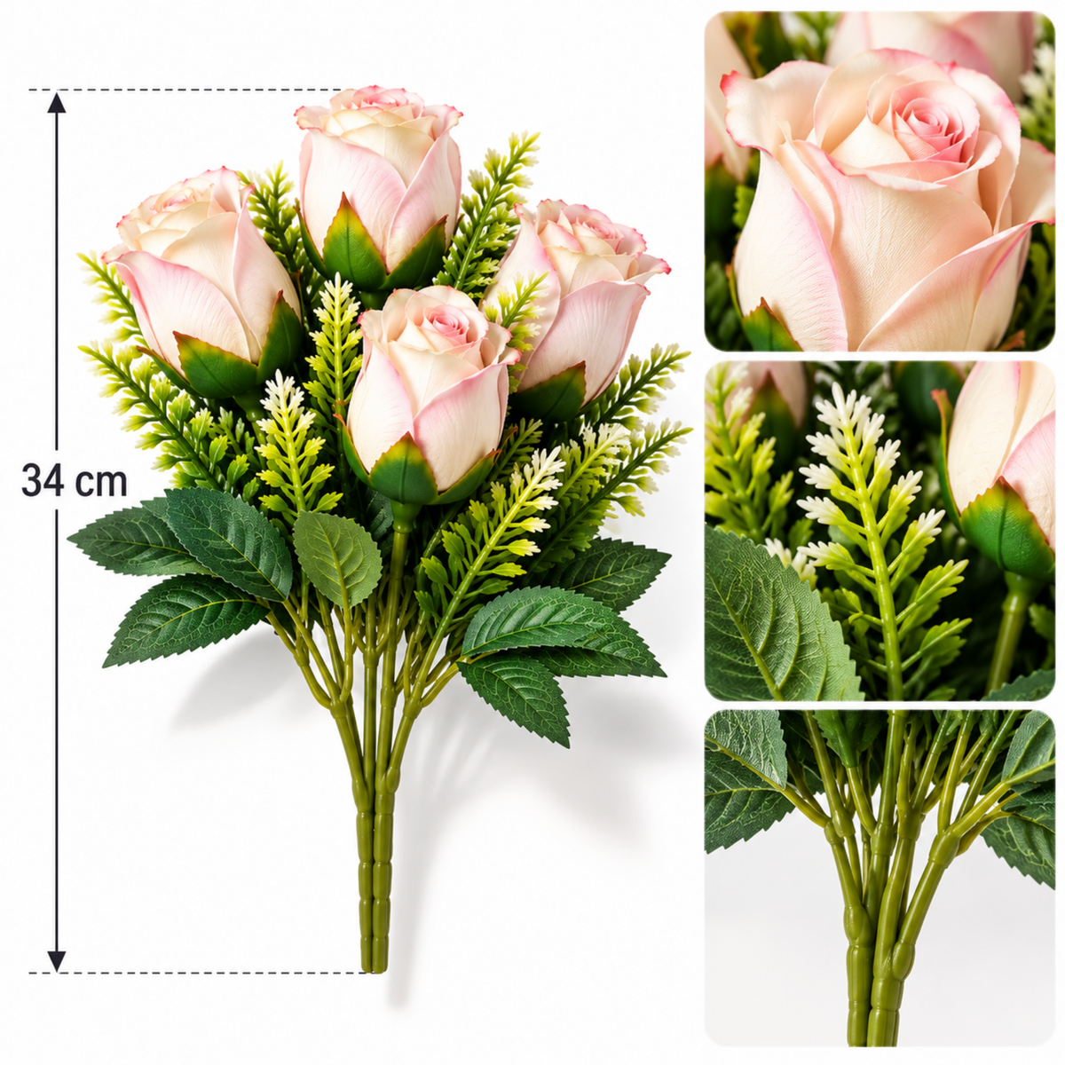 Buchet Trandafiri Artificiali Decorativi, 34 cm, Tije Ajustabile, Frunzis Verde, 5 Flori