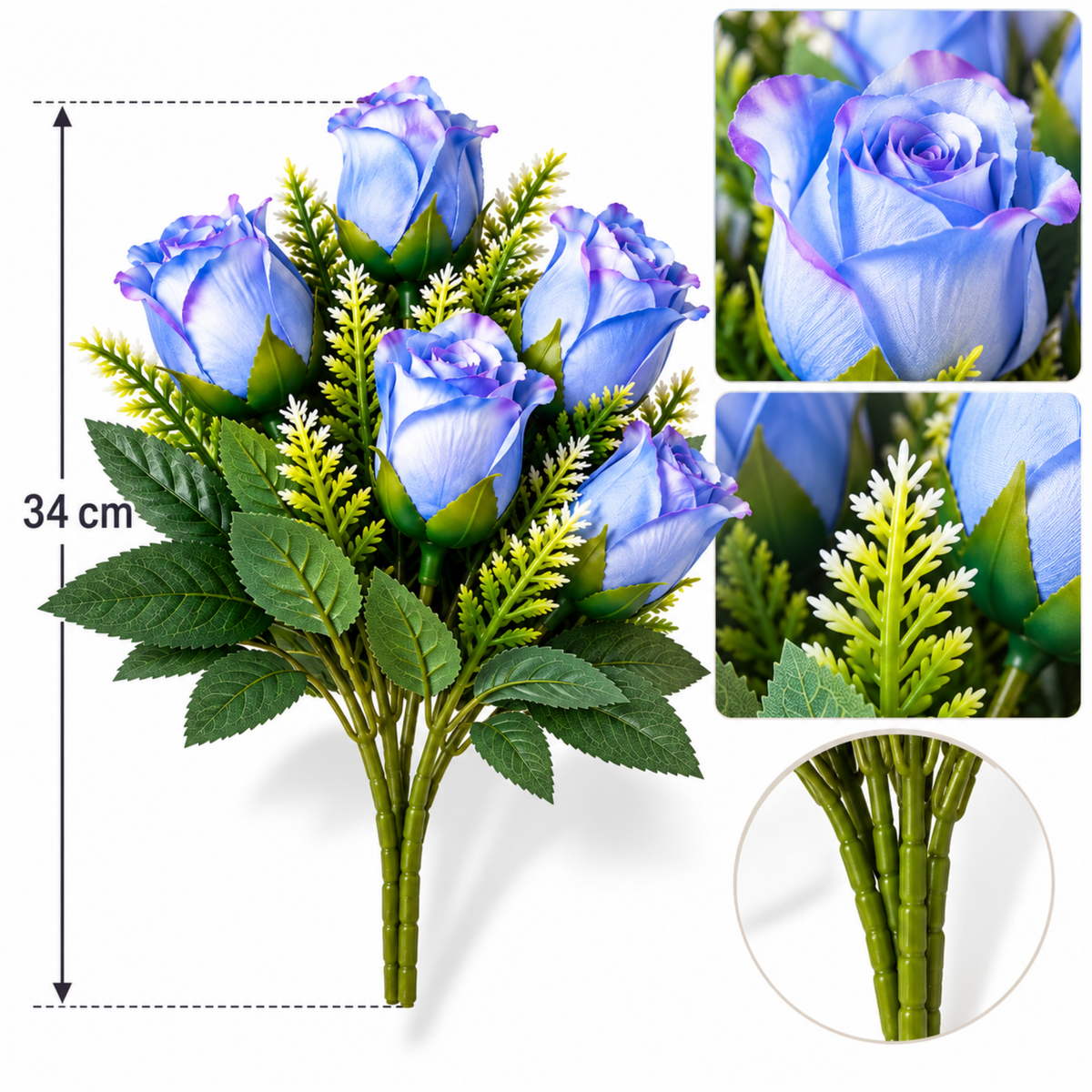 Buchet Trandafiri Artificiali Decorativi, 34 cm, Tije Ajustabile, Frunzis Verde, 5 Flori