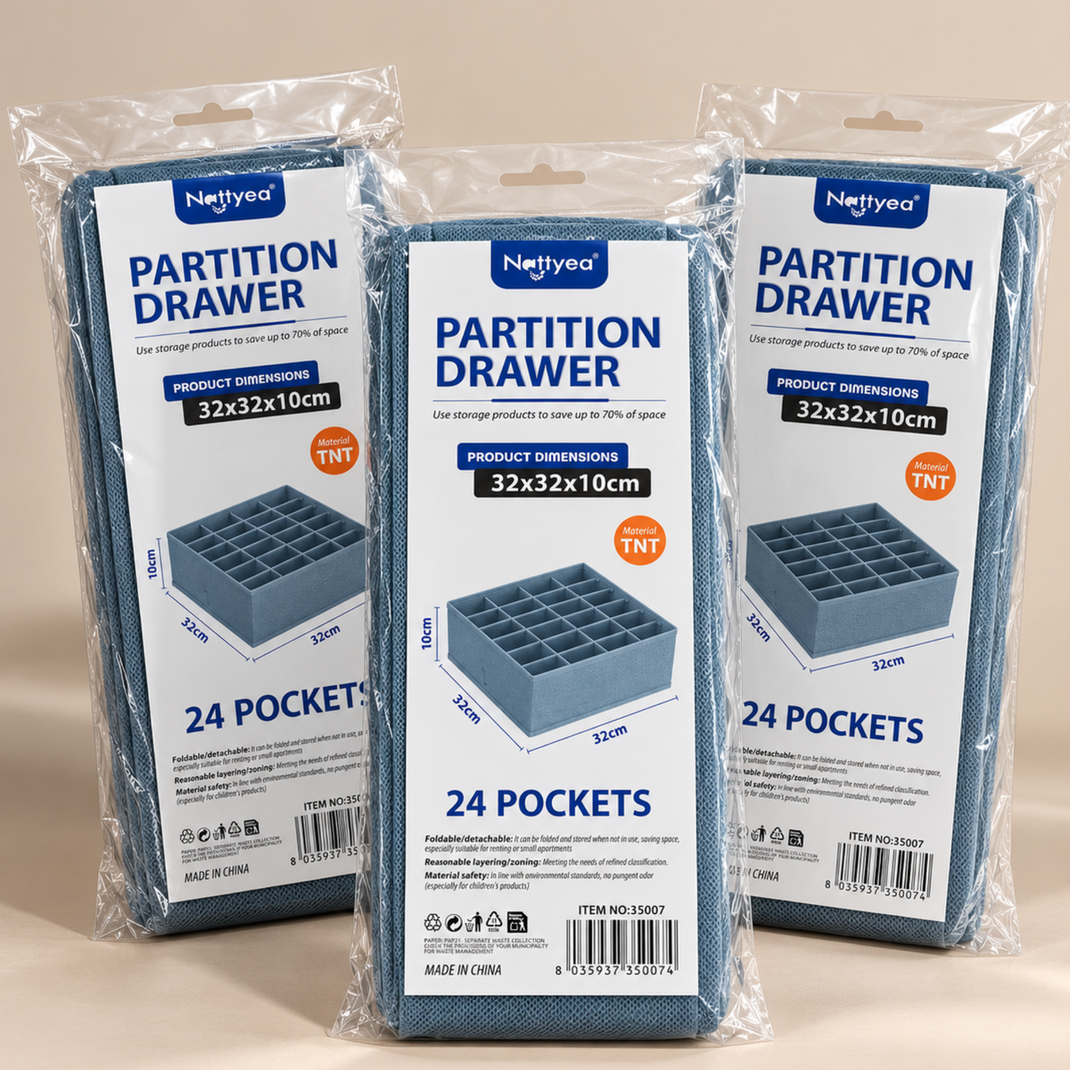 Set 3 Organizatoare sertar textil premium, cu 24 compartimente, 31 x 31 x 10 cm