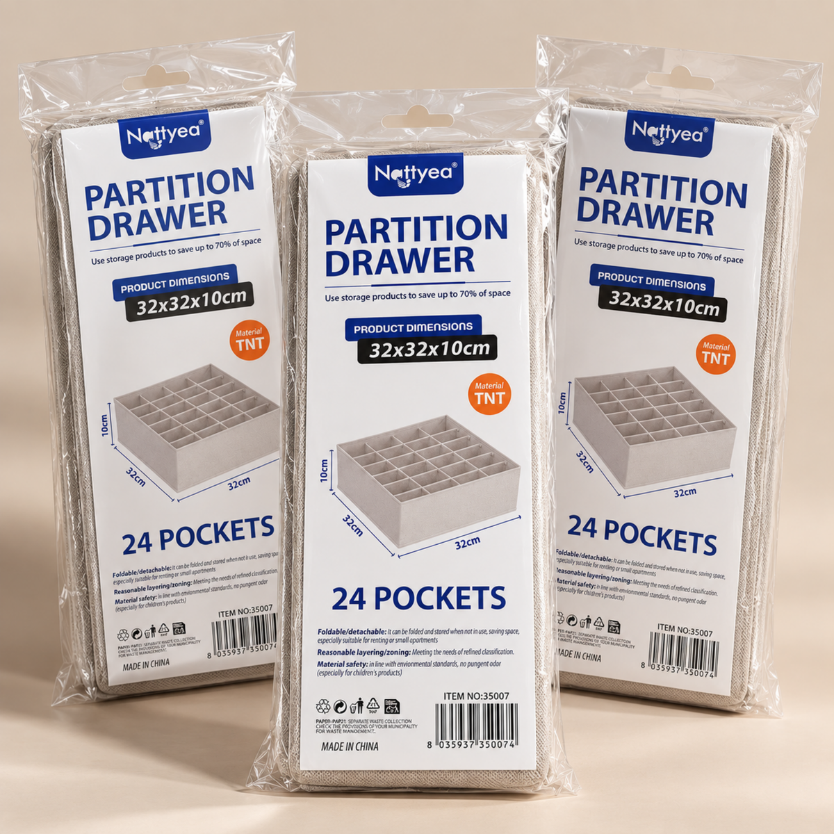 Set 3 Organizatoare sertar textil premium, cu 24 compartimente, 31 x 31 x 10 cm