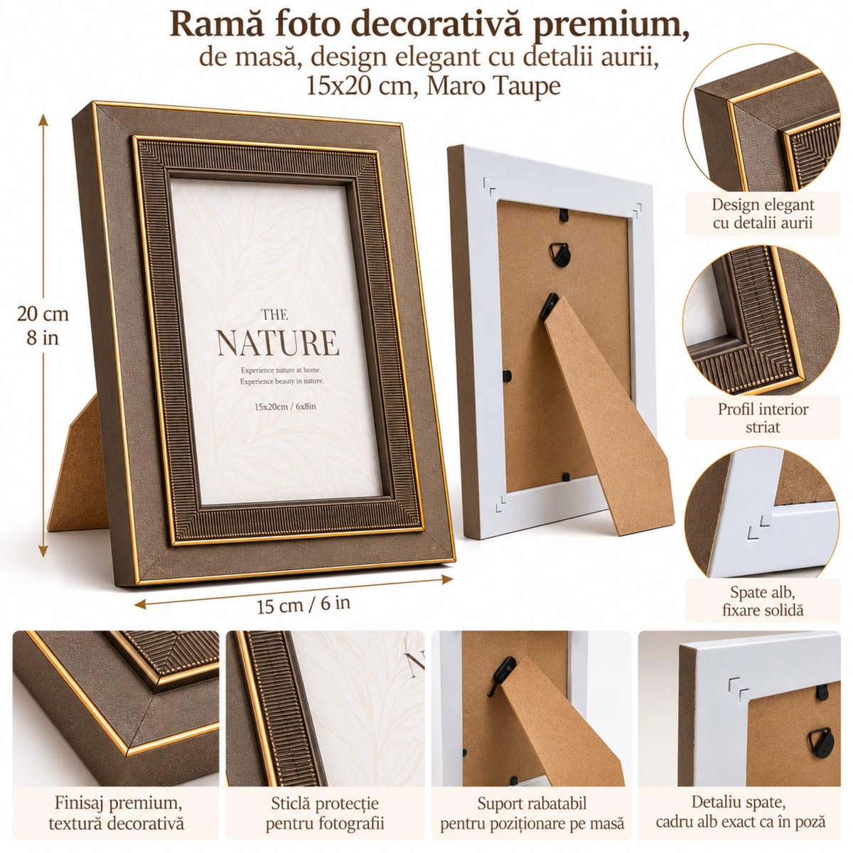 Rama foto decorativa premium design elegant cu detalii aurii, Maro Taupe