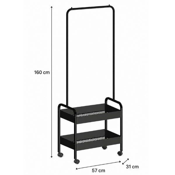 Suport haine metalic cu roti, organizator haine cu 2 cosuri, 160x57x31 cm, Negru - Premium
