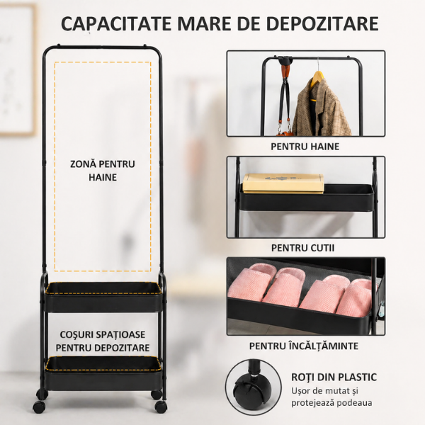 Suport haine metalic cu roti, organizator haine cu 2 cosuri, 160x57x31 cm, Negru - Premium
