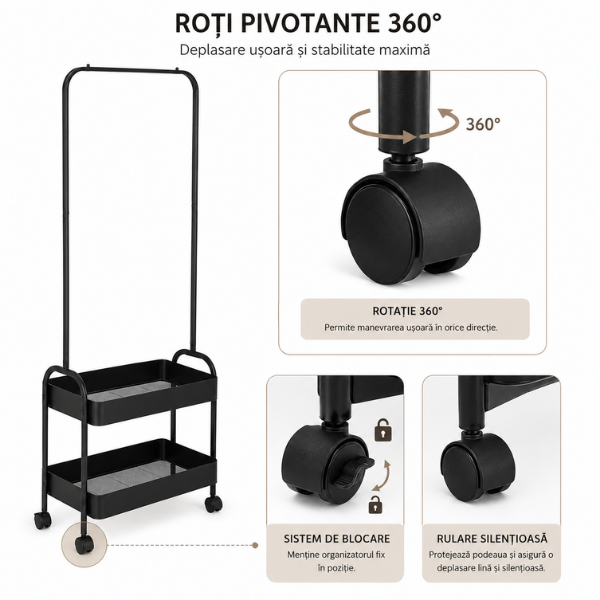 Suport haine metalic cu roti, organizator haine cu 2 cosuri, 160x57x31 cm, Negru - Premium
