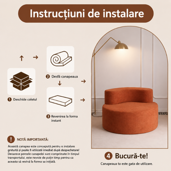 Fotoliu tip canapea U, fotoliu modern rotund din material sherpa, 100 x 100 x 66 cm - caramel
