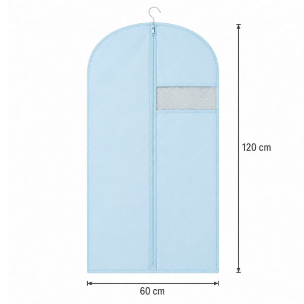 Husa pentru haine cu fermoar, material netesut respirabil, buzunar transparent, 60 x 120 cm