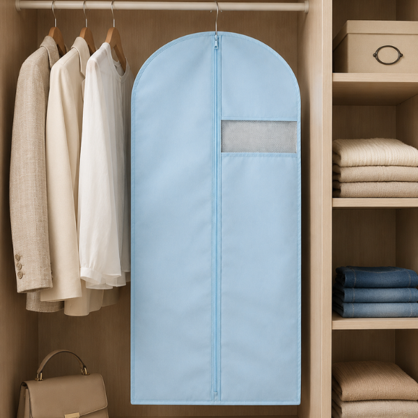 Husa pentru haine cu fermoar, material netesut respirabil, buzunar transparent, 60 x 120 cm