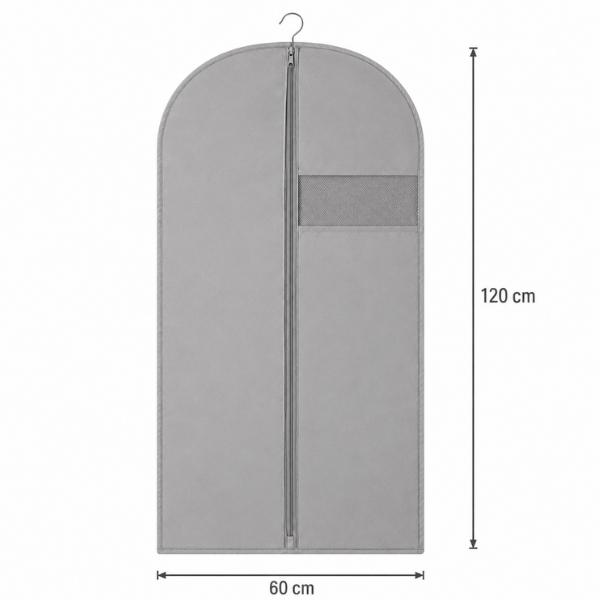 Husa pentru haine cu fermoar, material netesut respirabil, buzunar transparent, 60 x 120 cm