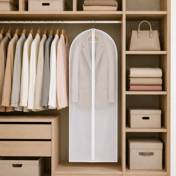 Husa pentru haine cu fermoar, material netesut respirabil, buzunar transparent - Alb Transparent