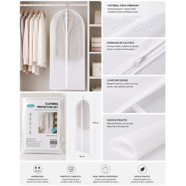 Husa pentru haine cu fermoar, material netesut respirabil, buzunar transparent - Alb Transparent