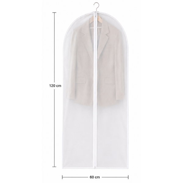 Husa pentru haine cu fermoar, material netesut respirabil, buzunar transparent - Alb Transparent