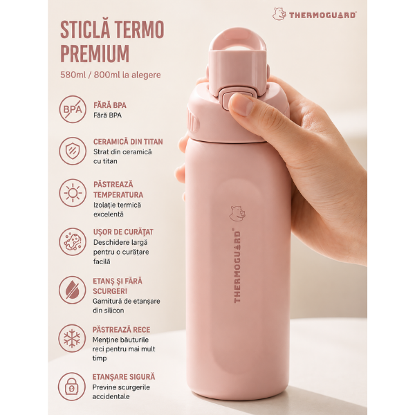 Sticla termos sport SITARAYURI, izolare vacuum, capac flip-top cu maner - 800 ml