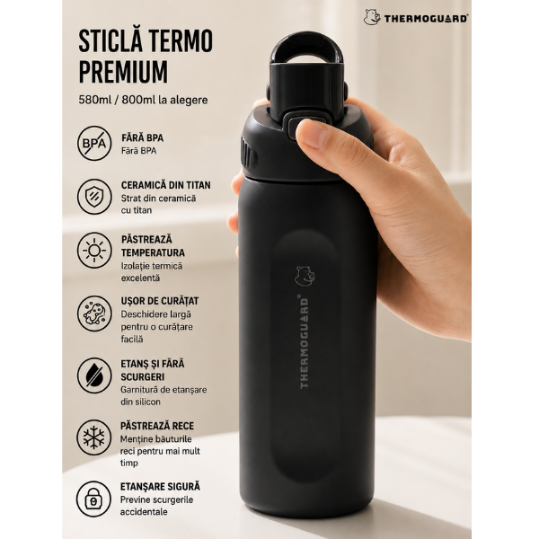 Sticla termos sport SITARAYURI, izolare vacuum, capac flip-top cu maner - 800 ml