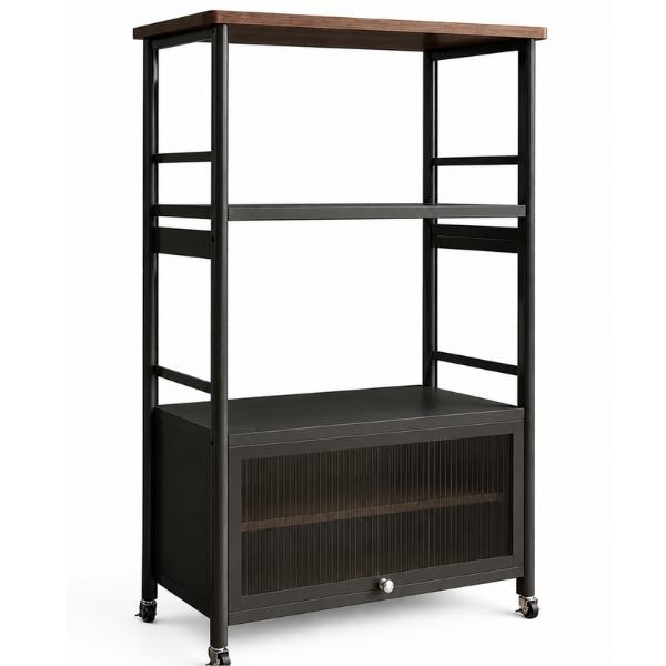 Raft depozitare multifunctional cu roti, 5 niveluri, cadru otel carbon, 80 x 125 x 30 cm - Negru