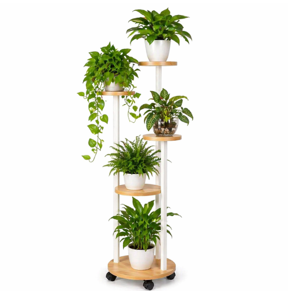 Suport inalt pentru plante cu 5 niveluri si roti, Raft colt pentru flori, interior/exterior
