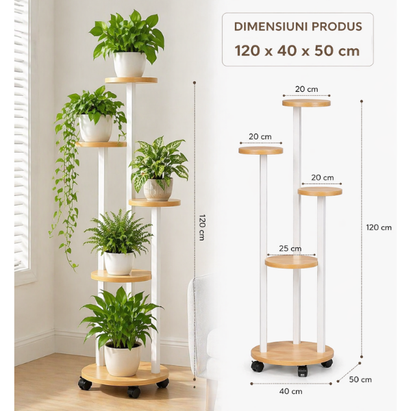Suport inalt pentru plante cu 5 niveluri si roti, Raft colt pentru flori, interior/exterior