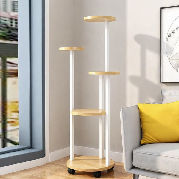 Suport inalt pentru plante cu 5 niveluri si roti, Raft colt pentru flori, interior/exterior
