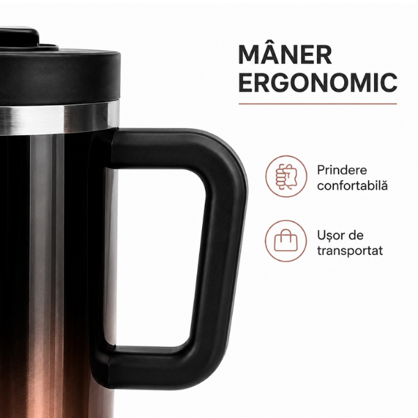 Cana termos inox cu maner, izolare dubla, Capac cu pai - 1.2 L