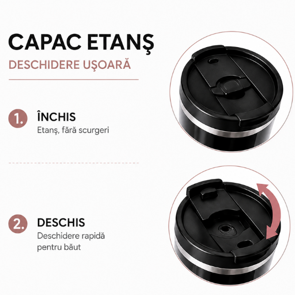 Cana termos inox cu maner, izolare dubla, Capac cu pai - 1.2 L
