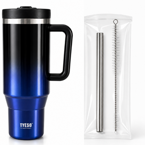 Cana termos inox cu maner, izolare dubla, Capac cu pai - 1.2 L