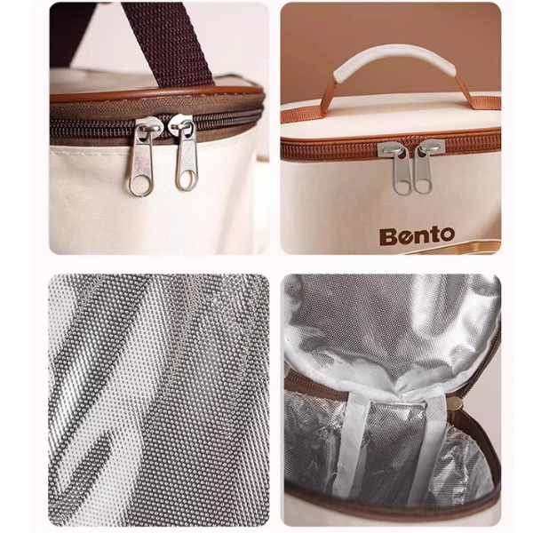 Cutie Lunch Box Bento din inox, cu geanta termoizolanta si tacamuri - Bej