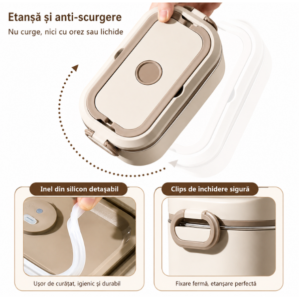 Cutie Lunch Box Bento din inox, cu geanta termoizolanta si tacamuri - Bej