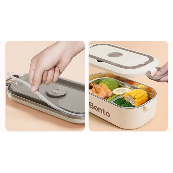 Cutie Lunch Box Bento din inox, cu geanta termoizolanta si tacamuri - Bej