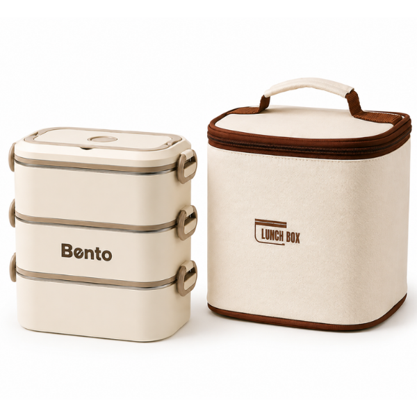 Cutie Lunch Box Bento din inox, cu geanta termoizolanta si tacamuri - Bej