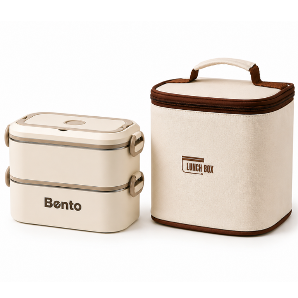 Cutie Lunch Box Bento din inox, cu geanta termoizolanta si tacamuri - Bej