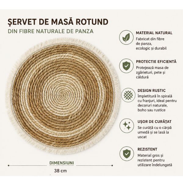 Set 4 Servete Decorative pentru Masa, Rotunde, Stil Scandinav – Boho, Natur cu Franjuri - 38 cm
