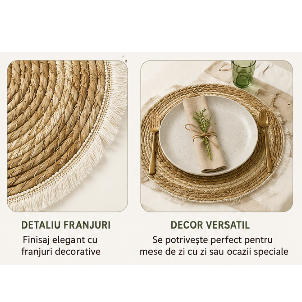 Set 4 Servete Decorative pentru Masa, Rotunde, Stil Scandinav – Boho, Natur cu Franjuri - 38 cm