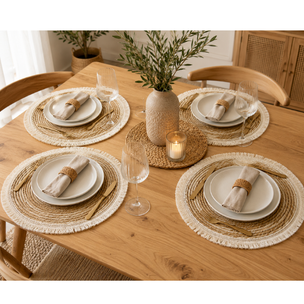 Set 4 Servete Decorative pentru Masa, Rotunde, Stil Scandinav – Boho, Natur cu Franjuri - 38 cm