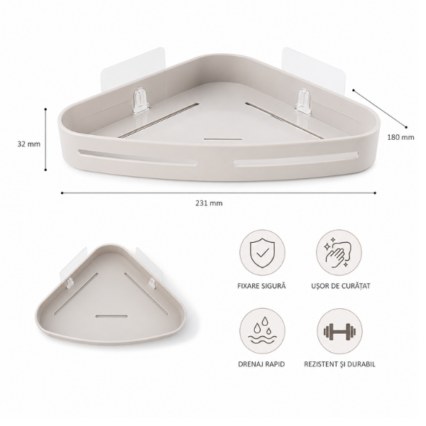 Suport organizator baie de colt din plastic, cu montare adeziv, 23,1 x 18 x 3,2 cm