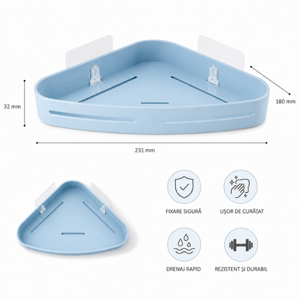 Suport organizator baie de colt din plastic, cu montare adeziv, 23,1 x 18 x 3,2 cm